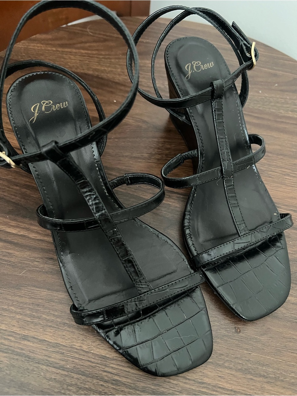 J. Crew Black Croc-Embossed Strappy Sandals